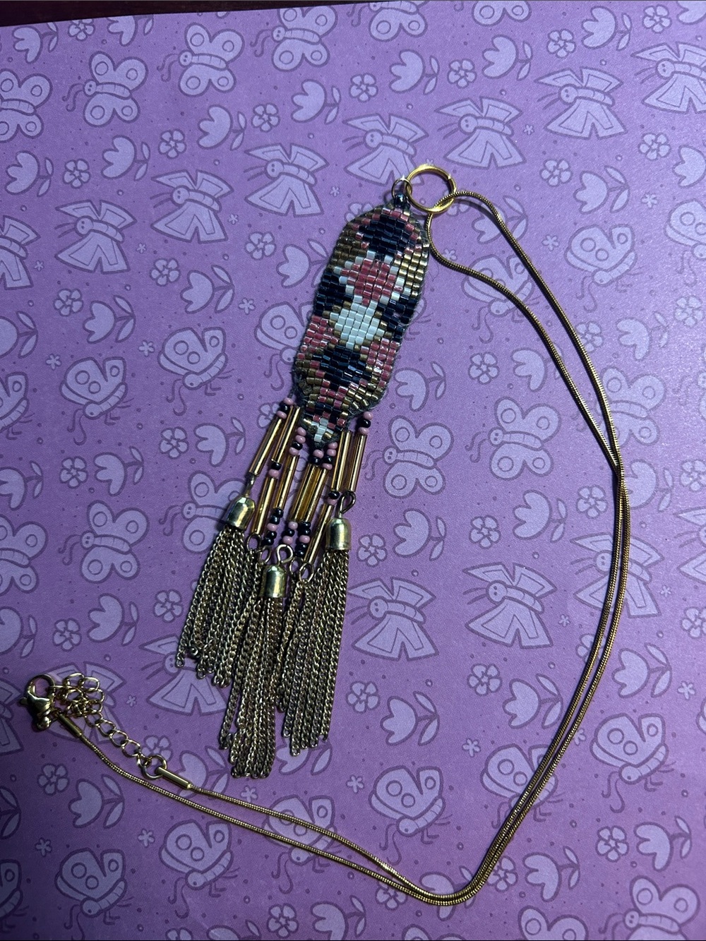 Beaded Tassel Pendant Necklace in Pink, Black & White